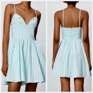Zara Turquoise Gingham Beaded V-Neck Summer Fantasy Dress